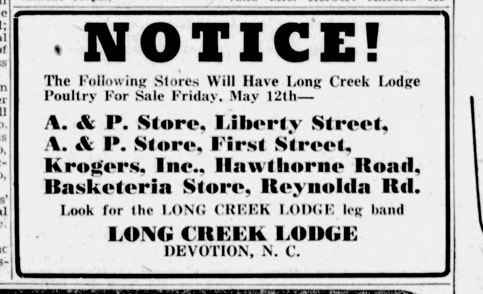 Newspaper notice advertising Long Creek Lodge leg-banded poultry, sold through Winston-Salem grocers