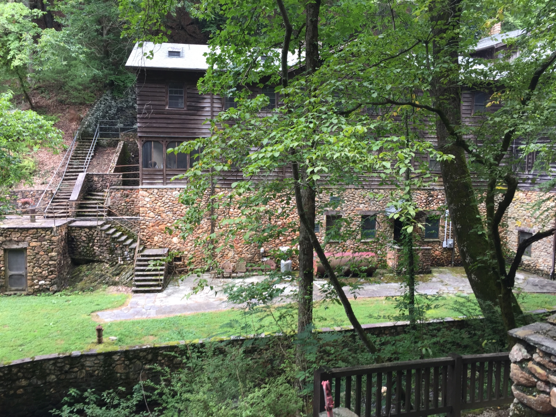 River-rock and chestnut stonework at Long Creek Lodge, Devotion