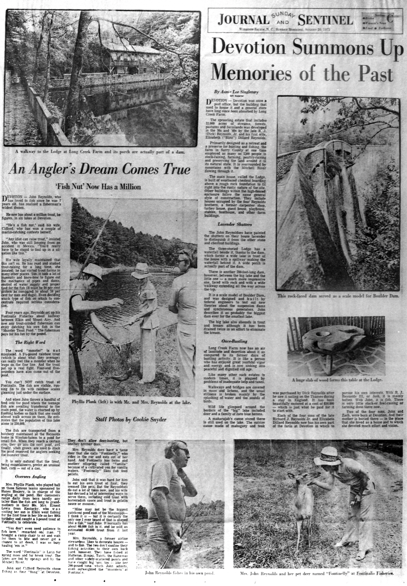 Journal and Sentinel, Winston-Salem, August 20, 1972 — 'Devotion Summons Up Memories of the Past' and 'An Angler's Dream Comes True,' with photographs of the Lodge walkway atop the dam, the rock-faced dam, and John Reynolds at Fontinalis Fisheries