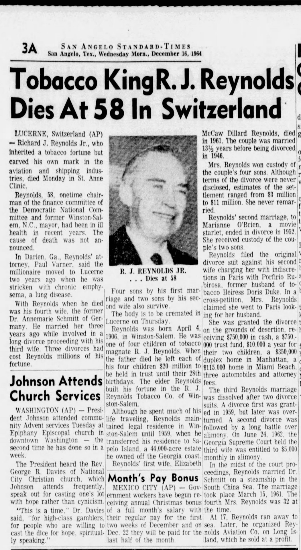 Newspaper clipping from the San Angelo Standard-Times, December 16, 1964, headlined 'Tobacco King R. J. Reynolds Dies At 58 In Switzerland,' with a portrait of R. J. Reynolds Jr.
