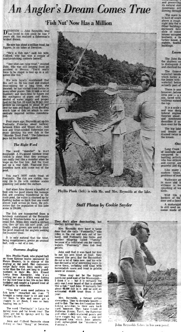 John Dillard Reynolds photographed with trout at his Fontinalis Fisheries ponds at Devotion