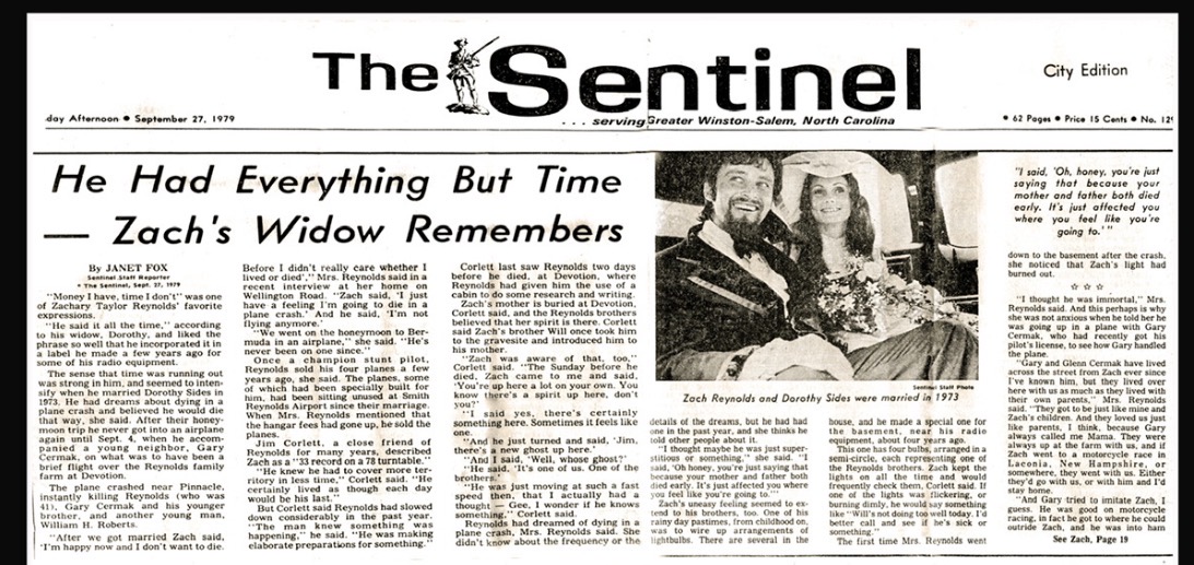 Front page of The Sentinel, Winston-Salem, September 27, 1979, headlined 'He Had Everything But Time — Zach's Widow Remembers,' with a wedding photograph of Zach Reynolds and Dorothy Sides