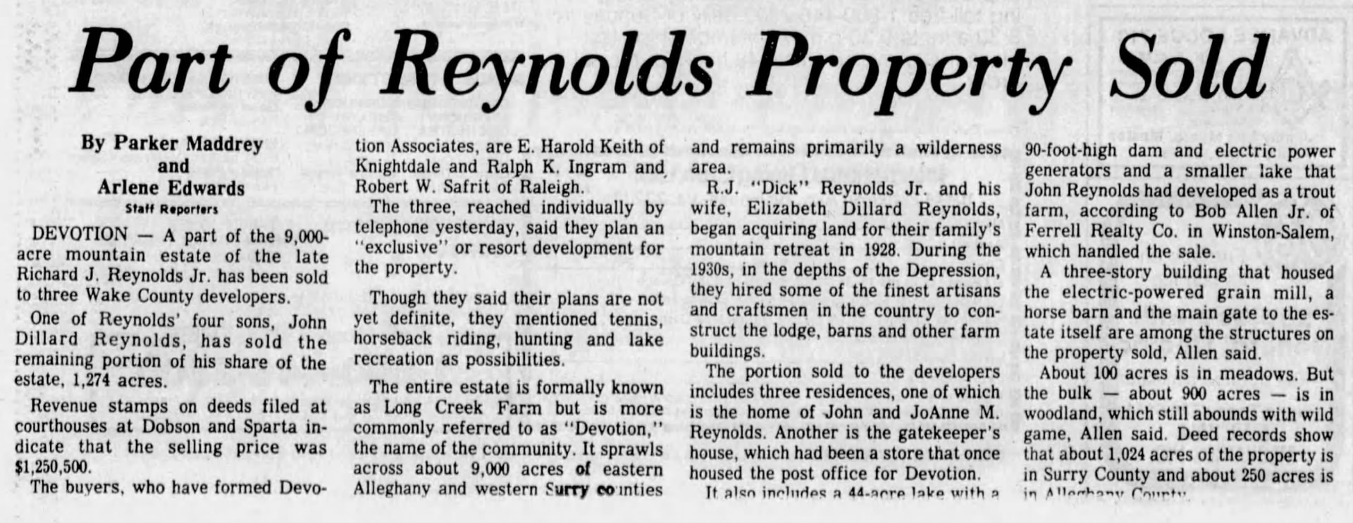 Newspaper clipping from the Winston-Salem Journal, January 9, 1980, headlined 'Part of Reynolds Property Sold'