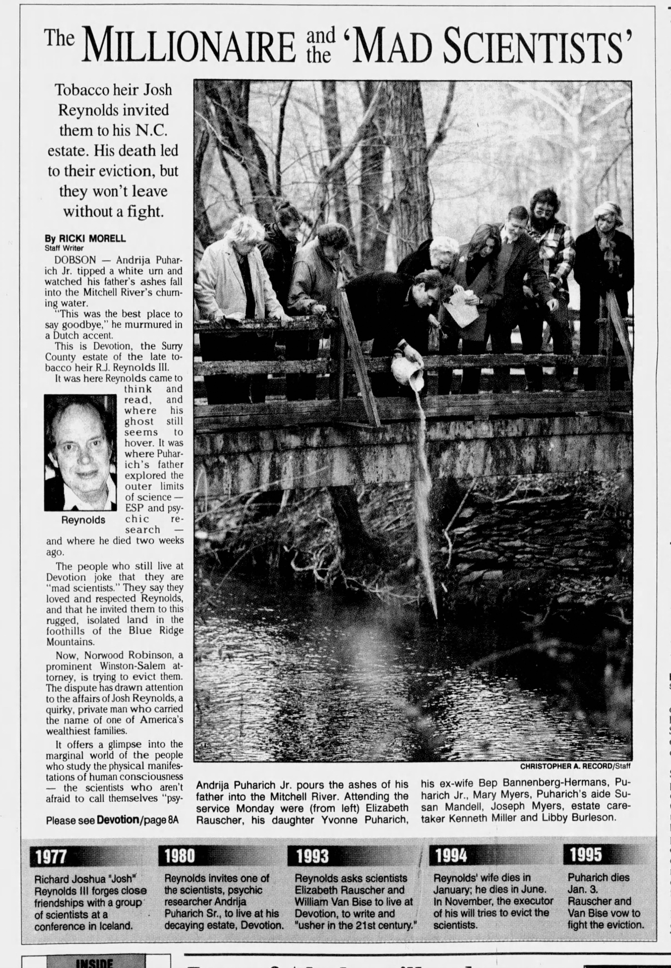 Front page of The Charlotte Observer, January 15, 1995, featuring the article 'The Millionaire and the Mad Scientists' about Devotion